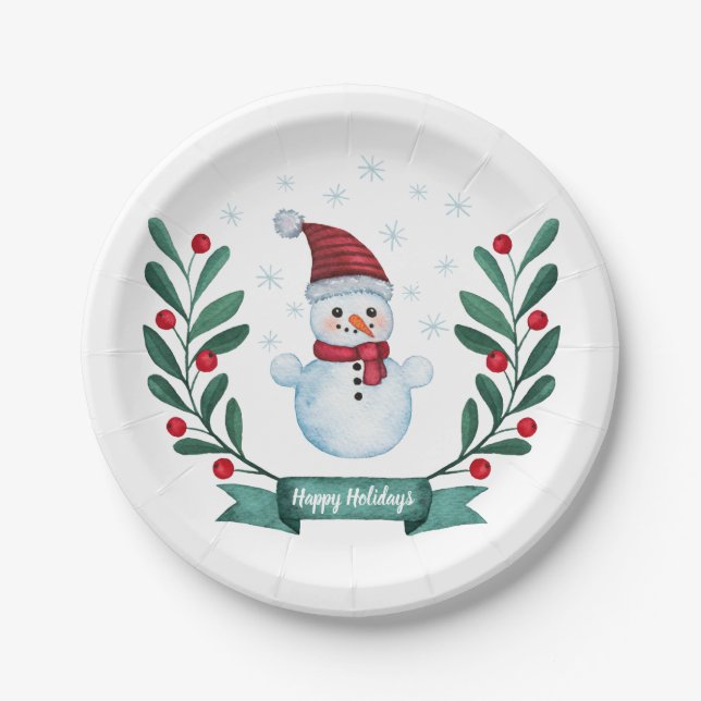 Christmas Watercolor Snowman Custom Paper Plates (Front)