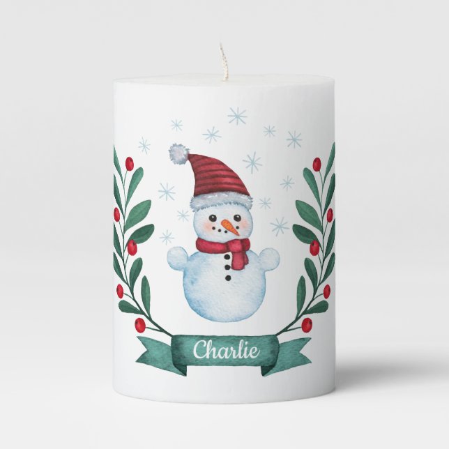 Christmas Watercolor Snowman Custom Pillar Candle (Front)