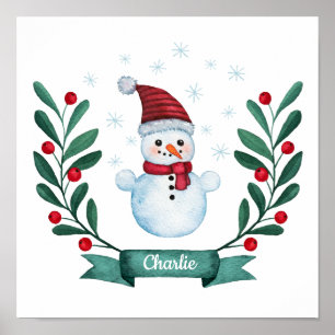 Christmas Watercolor Snowman Custom Poster