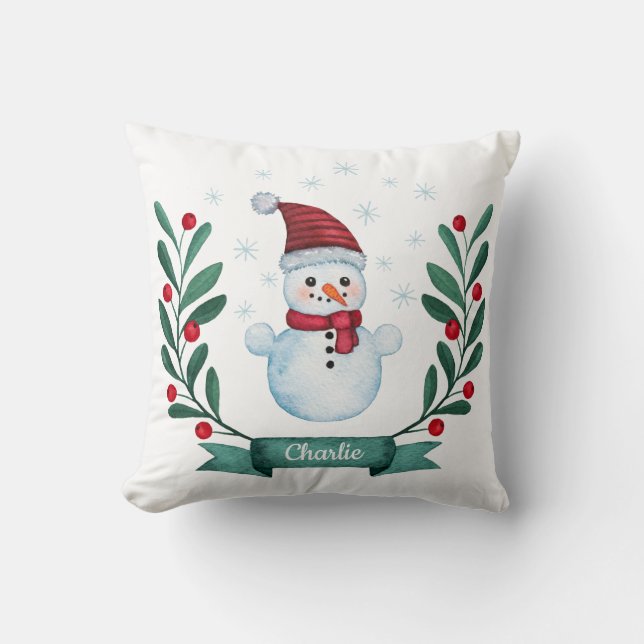 Christmas Watercolor Snowman Custom Throw Pillow (Front)