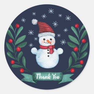 Christmas Watercolor Snowman Navy Blue Thank You Classic Round Sticker