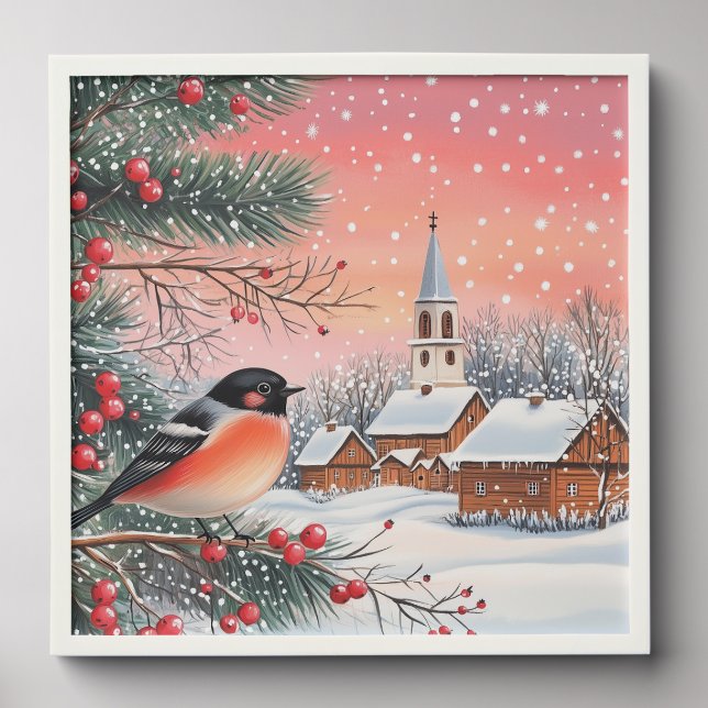Christmas Watercolor Snowy Landscpae Berries Robin Peel And Stick Photo Tile (Front Set)
