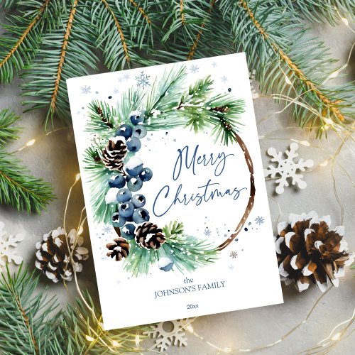Christmas watercolor snowy pines wreath holiday card