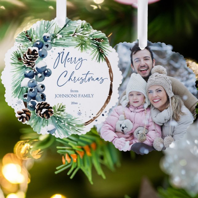 Christmas watercolor snowy pines wreath photo ornament card (Christmas watercolor snowy pines wreath photo ornament Christmas greetings card unique photo cards)