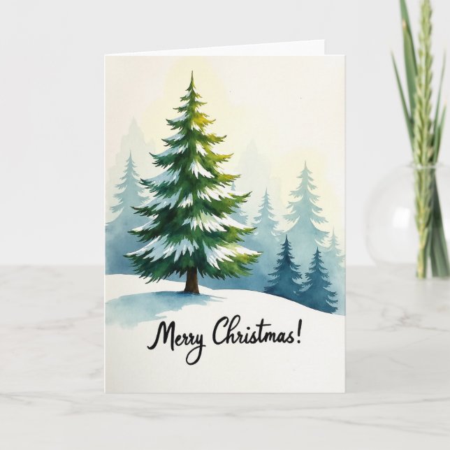 Christmas Watercolor Snowy Tree Card (Front)