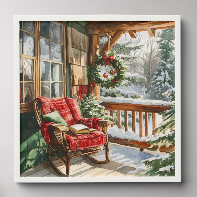 Christmas Watercolor Snowy Winter Reading Nook Peel And Stick Photo Tile (Front Set)