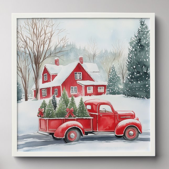 Christmas Watercolor Snowy Winter Scene Red Truck Peel And Stick Photo Tile (Front Set)