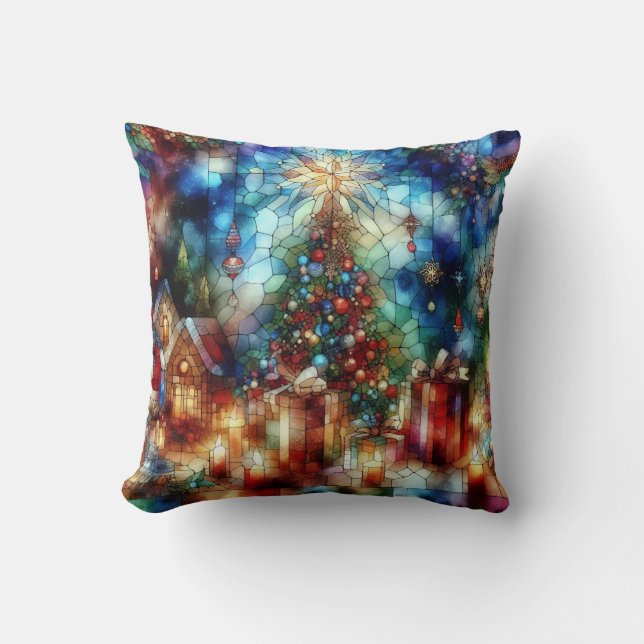 Christmas Watercolor Stained Glass Throw Pillow (Front)