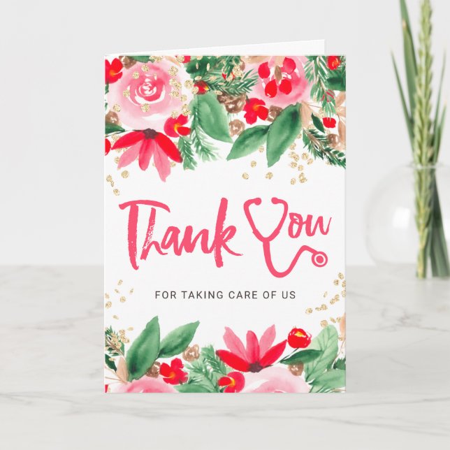 Christmas watercolor stethoscope nurse thank you card (Front)