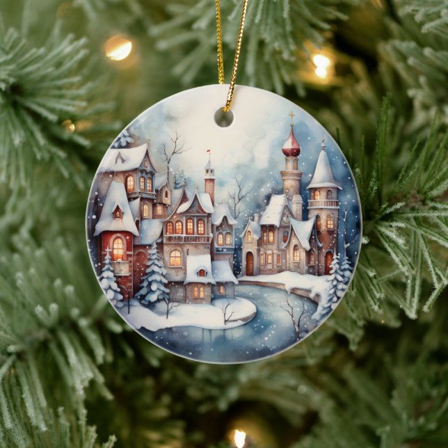 Christmas watercolor town scene add message ceramic ornament (Tree)