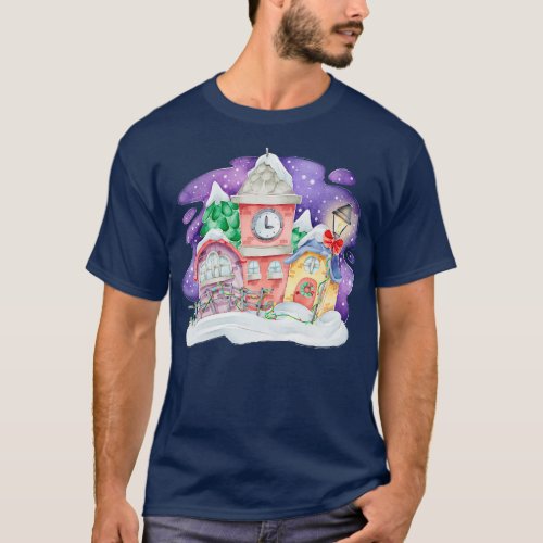 Christmas Watercolor Town T_Shirt