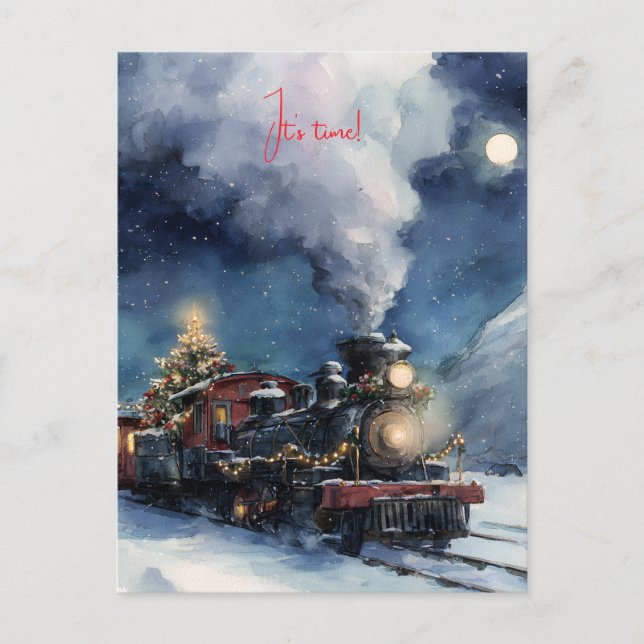 Christmas watercolor train in snowy landscape  postcard (Front)