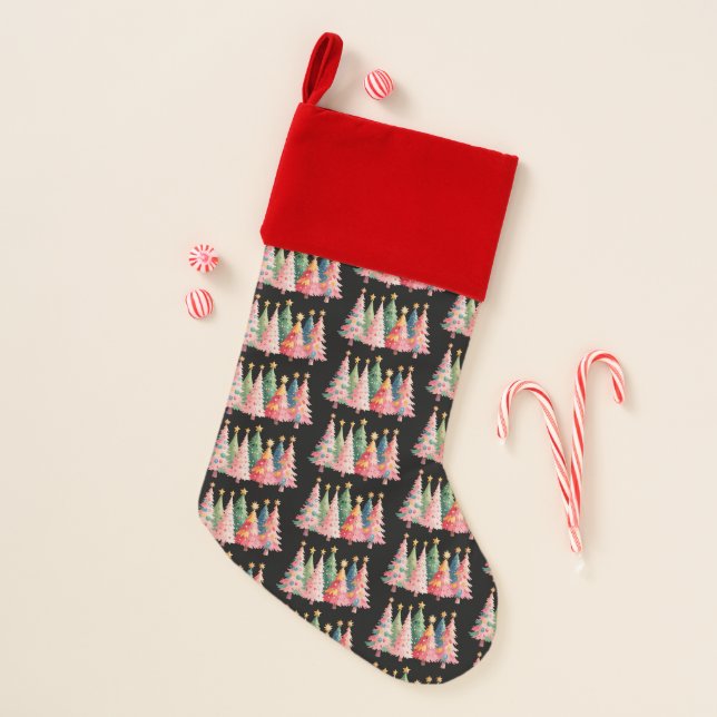Christmas Watercolor Trees Cute Xmas Pink Christmas Stocking (Front)