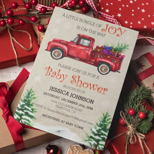 Christmas Watercolor Truck Baby Shower Bundle Joy  Invitation