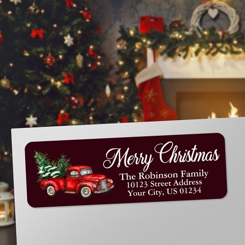 Christmas Watercolor Truck Burgundy Return Address Label