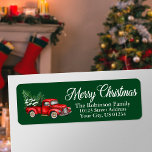 Christmas Watercolor Truck Green Return Address Label<br><div class="desc">A beautiful holiday return address label featuring modern calligraphy script Merry Christmas with a watercolor vintage red truck,  christmas trees and snow. Forest Green background.</div>