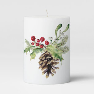 Christmas Watercolor - Vintage Holly & Pinecone Pillar Candle