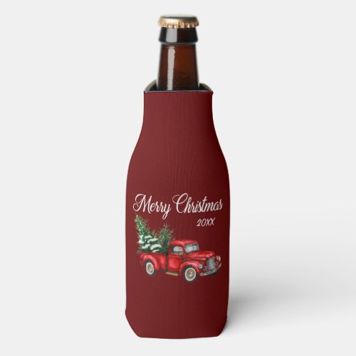 Christmas Watercolor Vintage Red Truck Burgundy Bottle Cooler