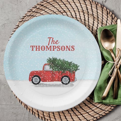Christmas Watercolor Vintage Red Truck Nostalgic Paper Plates