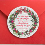 christmas watercolor vintage wreath snowflakes  classic round sticker<br><div class="desc">background deco by freepik.com
elegant  christmas watercolor vintage wreath with snowflakes and red calligraphy message,  Classic Round Sticker</div>