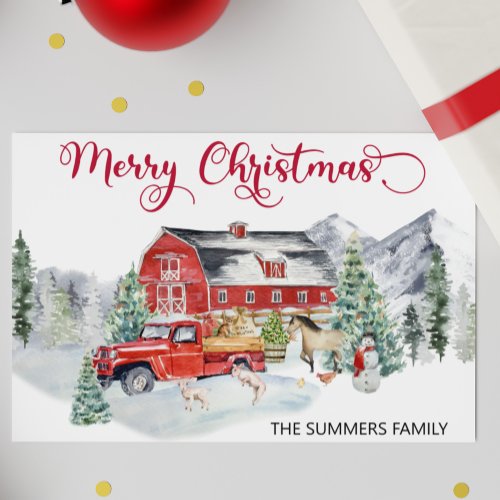 Christmas Watercolor Winter Barn Farm Animals Holiday Card