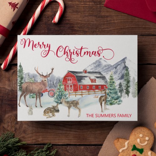 Christmas Watercolor Winter Barn Woodland Deer Holiday Card