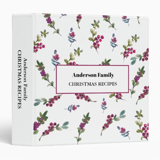 Christmas Watercolor Winter Berries Recipe Binder (Front/Spine)