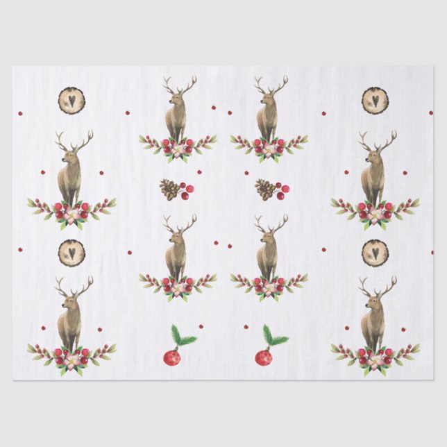 Christmas Watercolor Winter Deer Pattern Tissue Paper (Front)