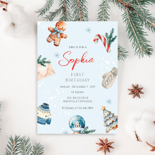 Christmas Watercolor Winter First Birthday Party Invitation