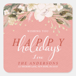 Christmas Watercolor Winter Flowers Return Address Square Sticker