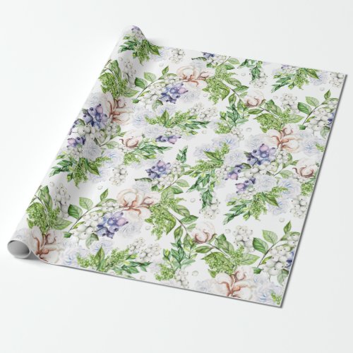 Christmas Watercolor Winter Flowers Snowberry Wrapping Paper