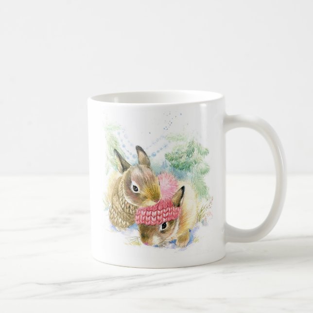 Christmas | Watercolor - Winter Forest Bunnies Coffee Mug (Right)