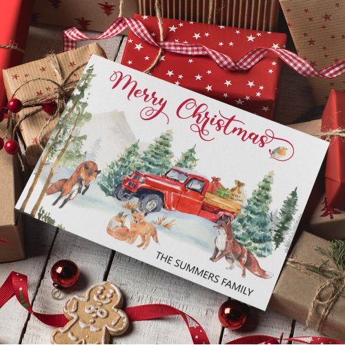 Christmas Watercolor Winter Fox Family Red Truck Holiday Card
