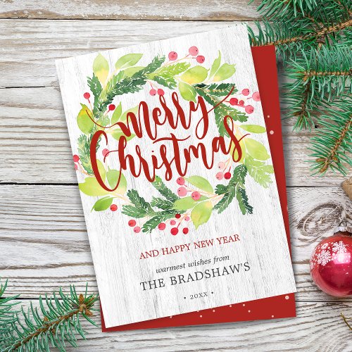 Christmas Watercolor Winter Greenery Berry Wreath Holiday Card