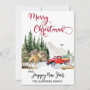 Christmas Watercolor Winter Truck Moose Woods Holiday Card