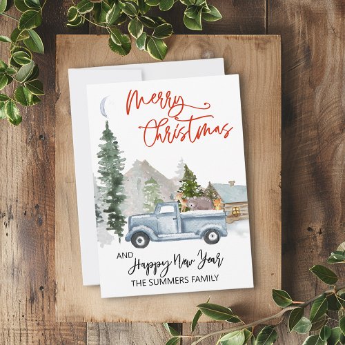 Christmas Watercolor Winter Vintage Truck Woodland Holiday Card