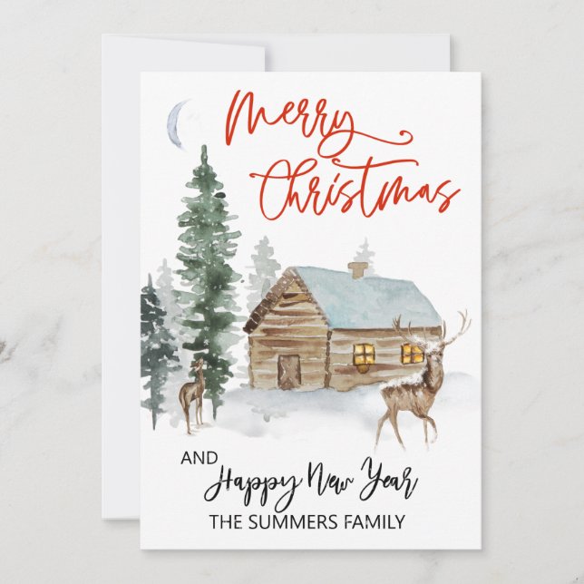 Christmas Watercolor Winter Woodland Cabin Holiday Card (Front)