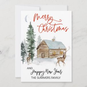 Christmas Watercolor Winter Woodland Cabin Holiday Card