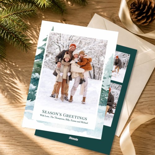 Christmas Watercolor Woodland Tree Photo Collage Holiday Card
