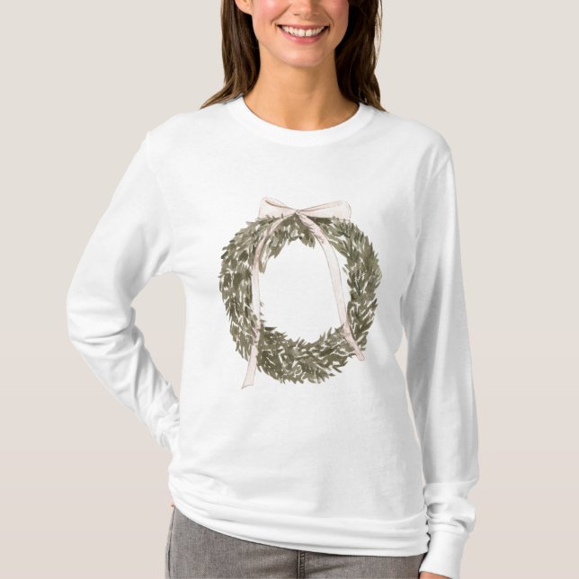 Christmas watercolor wreath bow T-Shirt (Front)