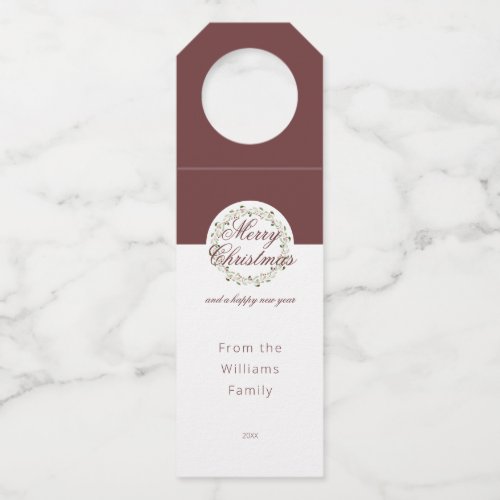 Christmas watercolor wreath Burgundy red Bottle Hanger Tag