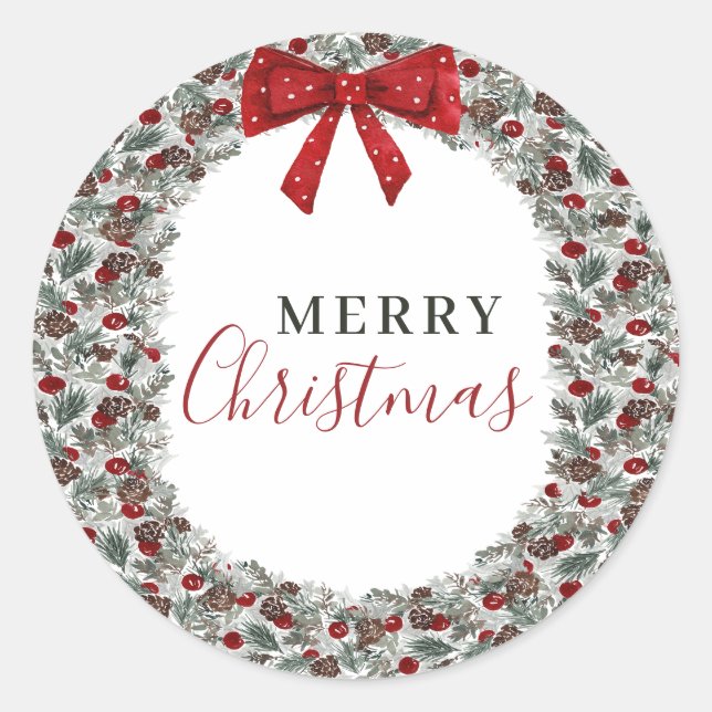 Christmas Watercolor Wreath Classic Round Sticker (Front)
