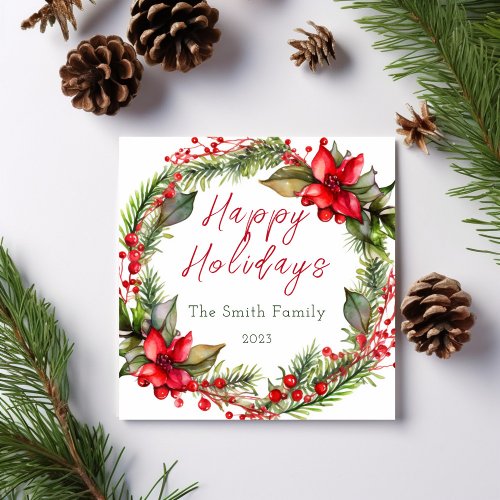 Christmas Watercolor Wreath Family  Holiday Card