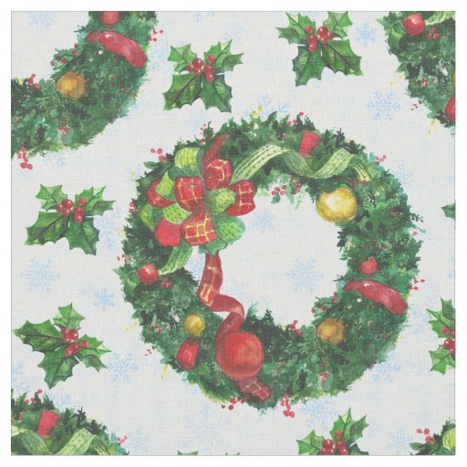 Christmas watercolor Wreath Holiday Fabric