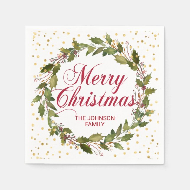 Christmas Watercolor Wreath Holly Gold Napkins (Front)