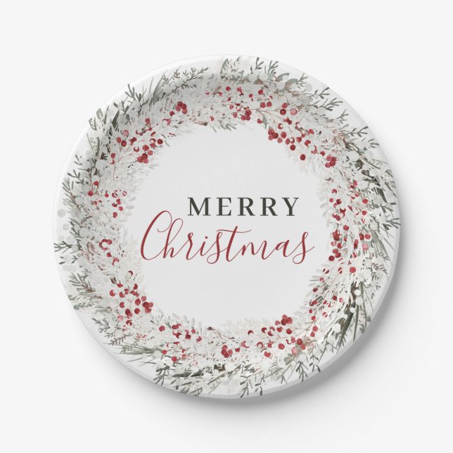 Christmas Watercolor Wreath Paper Plates (Front)