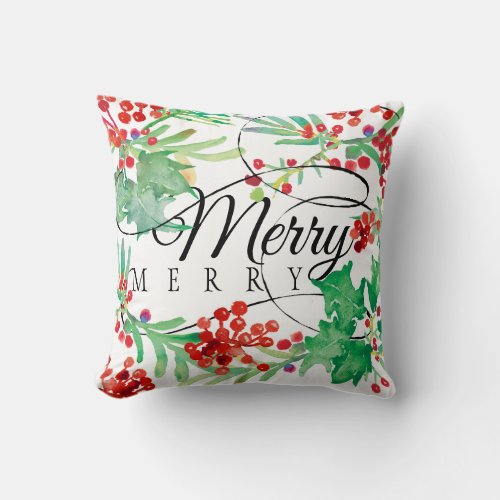 Christmas Watercolor Wreath Red Script Holiday Throw Pillow