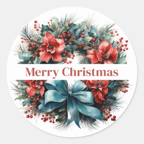 Christmas Watercolor Wreath with Holly Classic Round Sticker