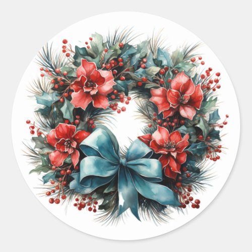 Christmas Watercolor Wreath with Holly Classic Round Sticker