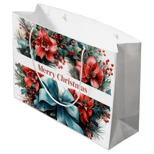 Christmas Watercolor Wreath with Holly Large Gift Bag